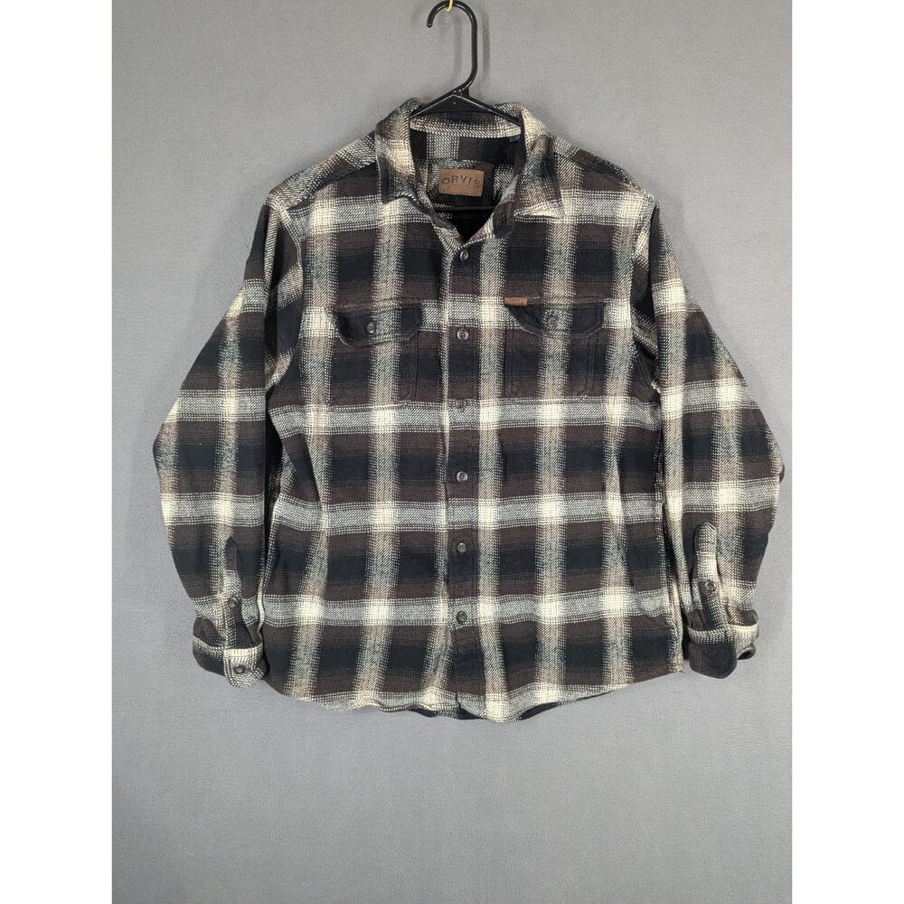 Orvis Shirt Mens Large Brown Plaid Button Up Heavy Flannel Jacket Shacket